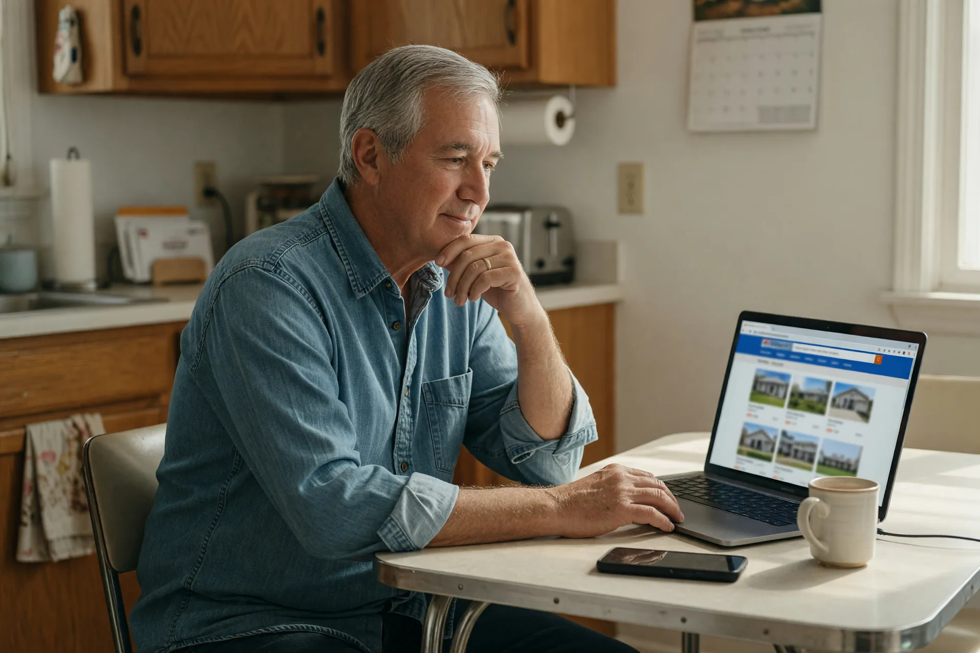 A mature homeowner thoughtfully considering a home listing on a laptop alone at a kitchen table