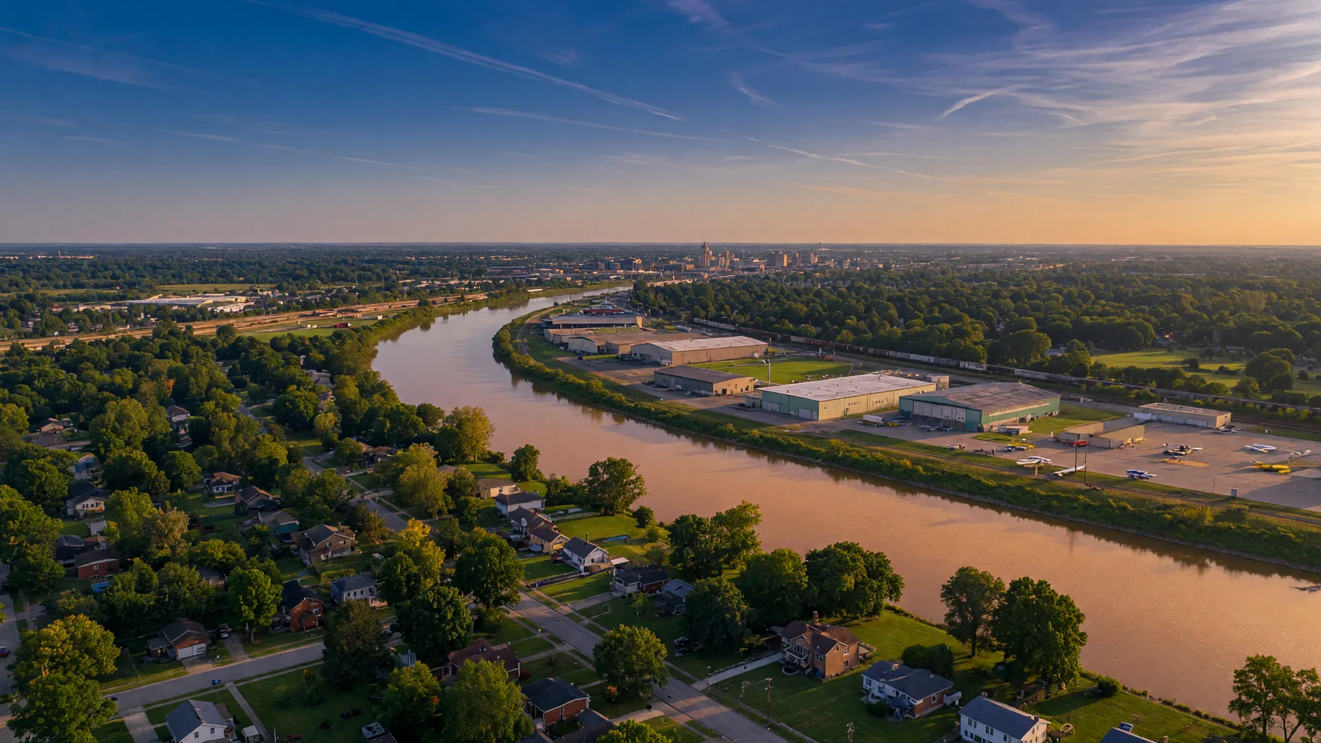 Golden hour aerial view of the Greater Dayton Ohio region with the Great Miami River, leafy suburban neighborhoods, and surrounding Miami Valley communities