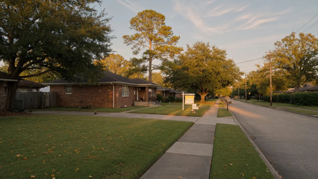 A quiet suburban street in Northeast Houston during early autumn with a brick home and For Sale sign under warm golden-hour light