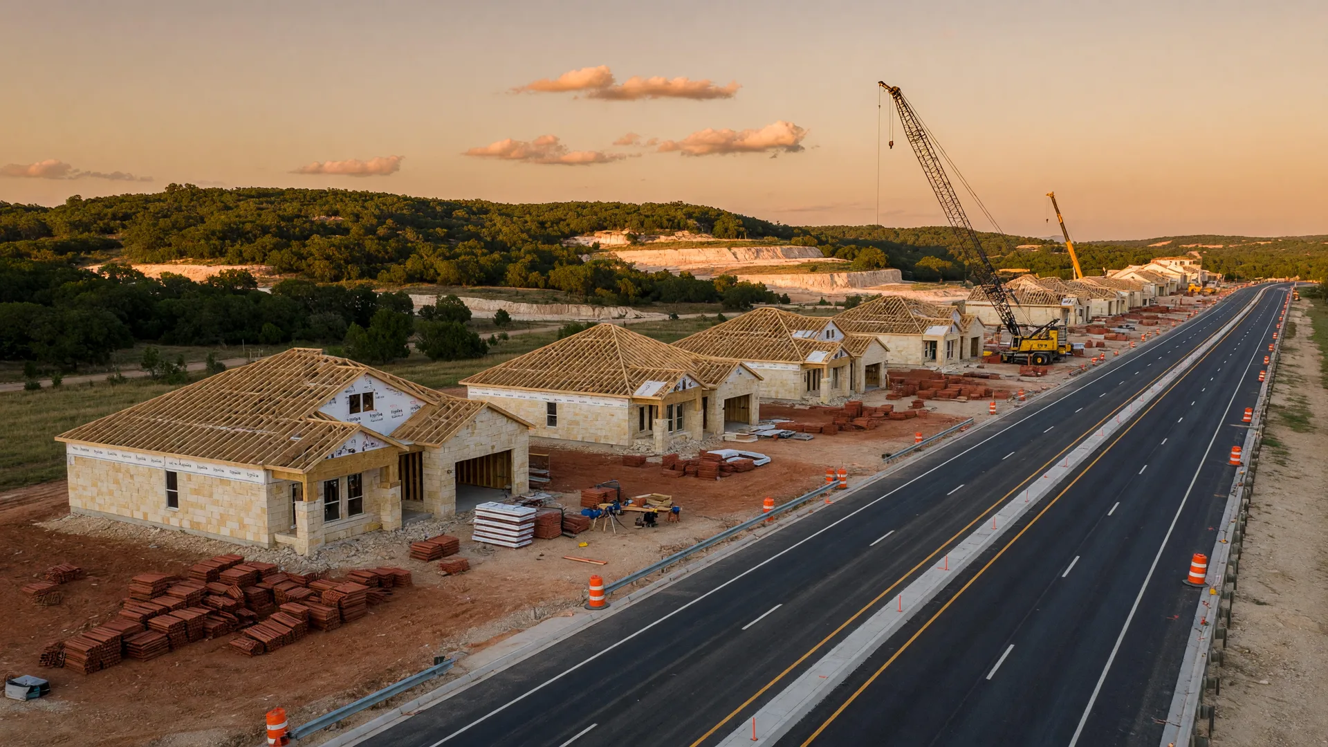 New residential construction and a highway corridor on the edge of the Texas Hill Country at golden hour, with cranes and rolling live-oak hills