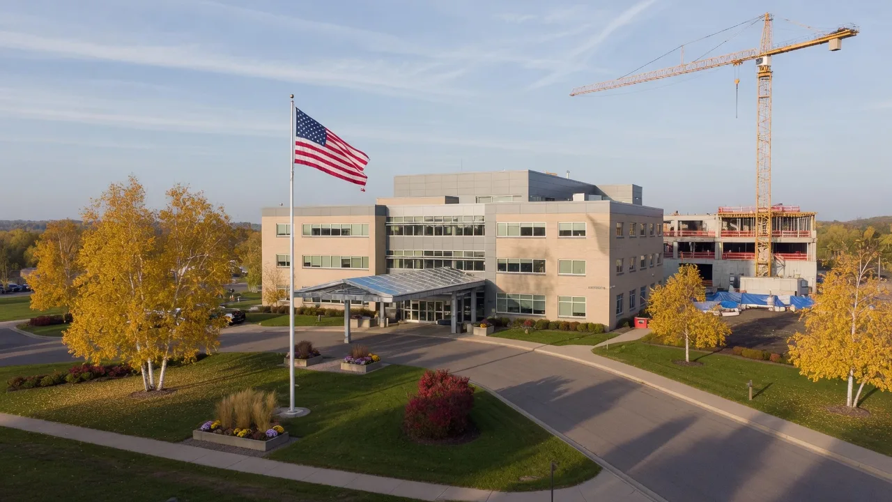 Rural Minnesota regional medical center campus with a construction addition and golden birch trees in autumn