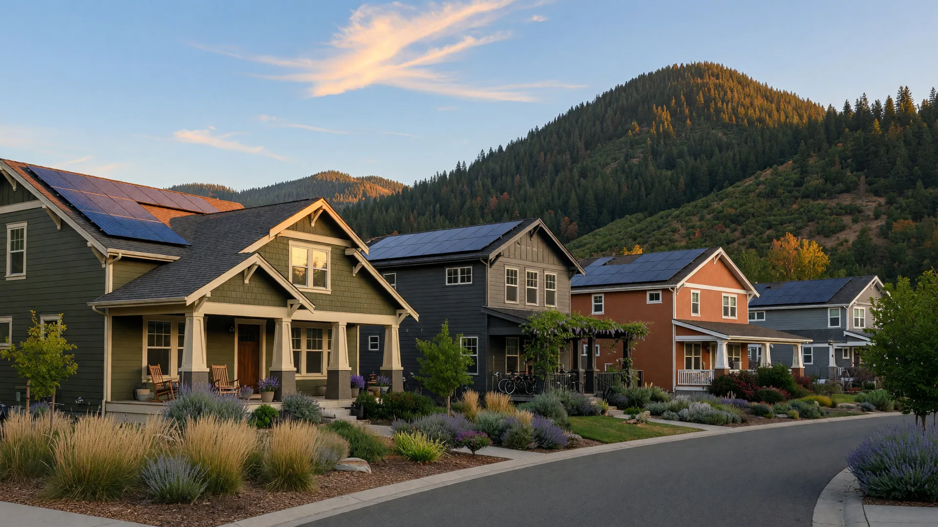 New craftsman-style homes with solar panels, covered porches, and drought-tolerant landscaping in an Ashland neighborhood with Grizzly Peak in the distance