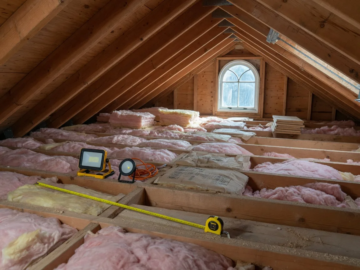Fresh fiberglass insulation installed between attic rafters with natural light coming through a gable window