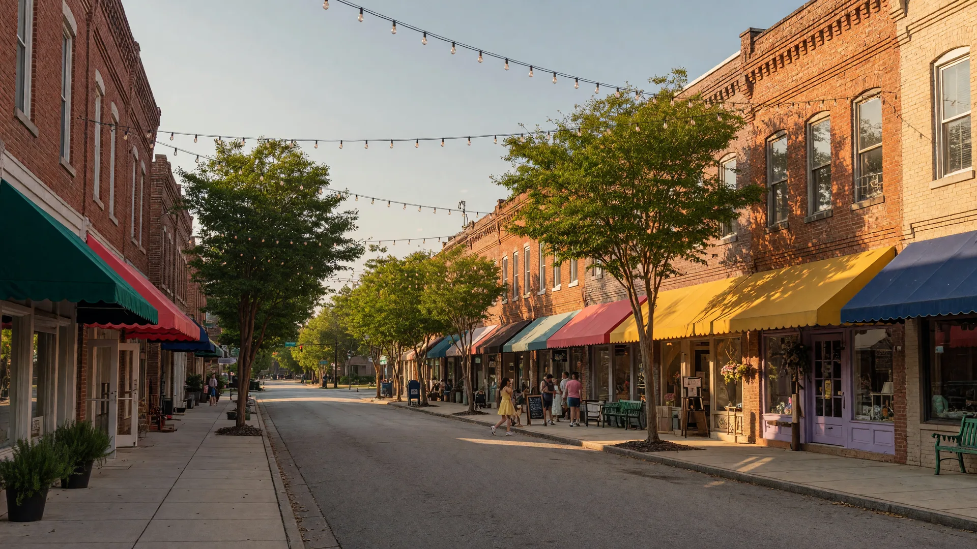 Old Town Rock Hill, South Carolina main street with brick buildings at golden hour