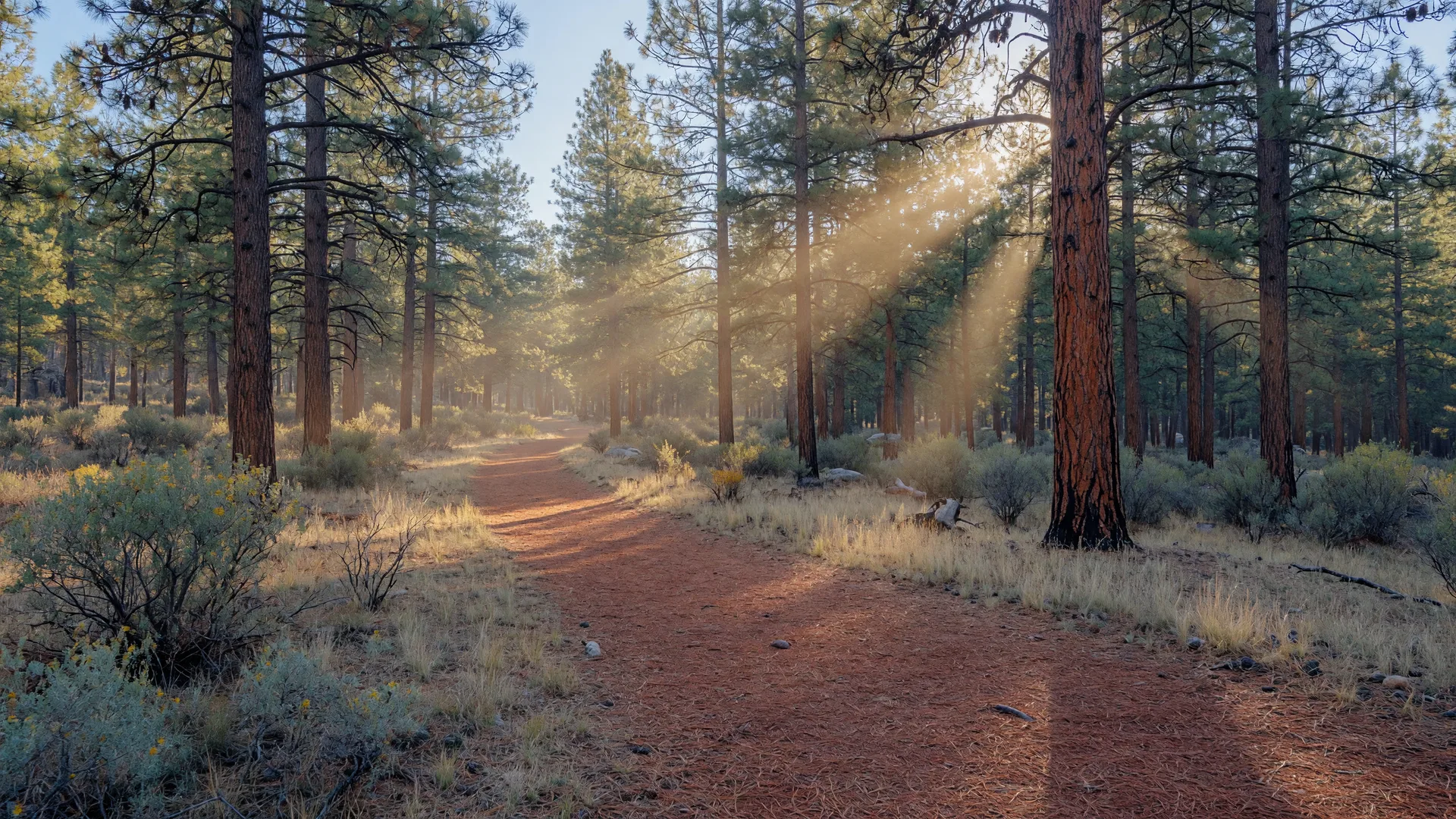 Forest trail winding through ponderosa pines in morning light