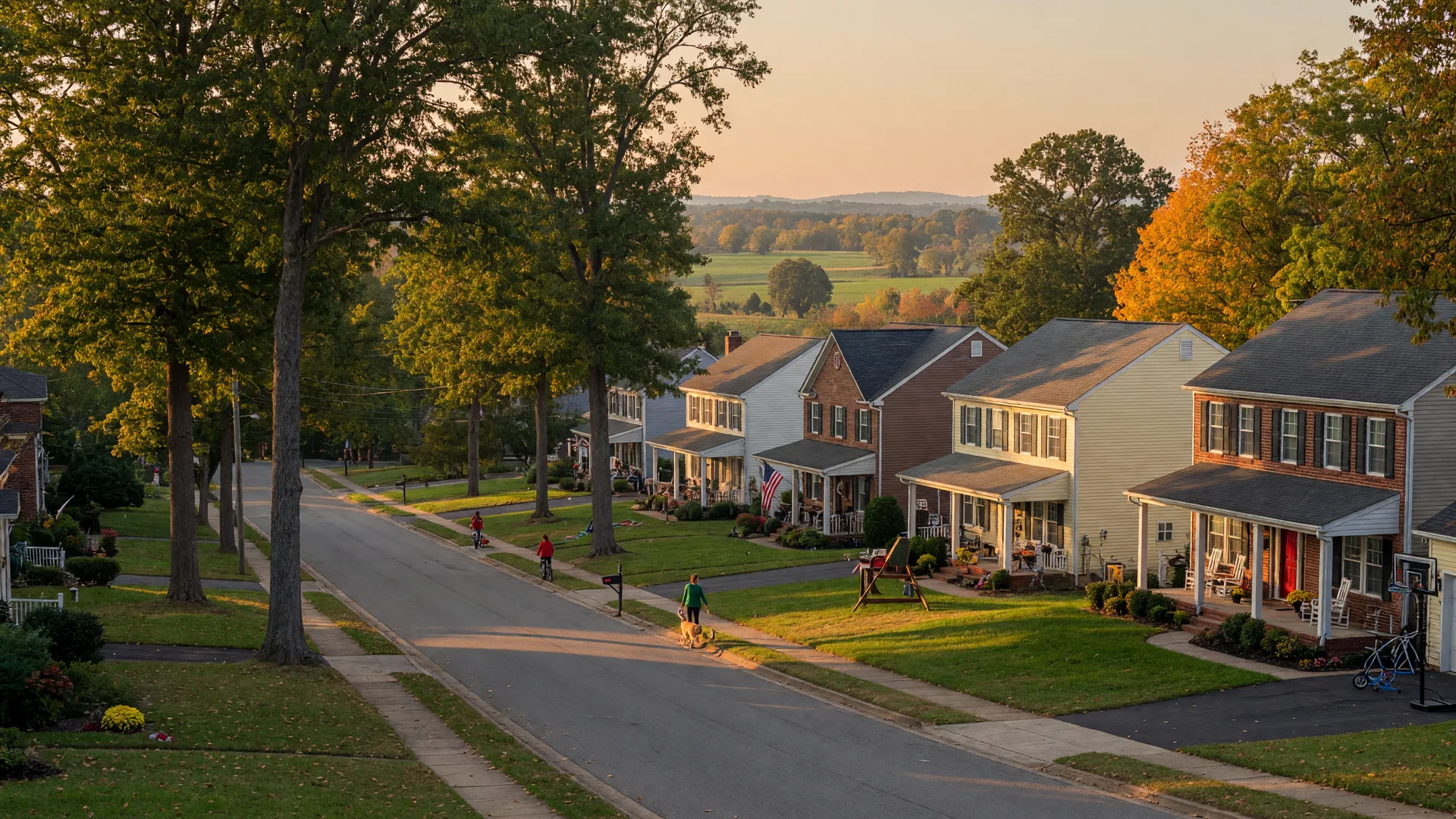 Tree-lined residential street in Stafford County Virginia with family homes in early fall light