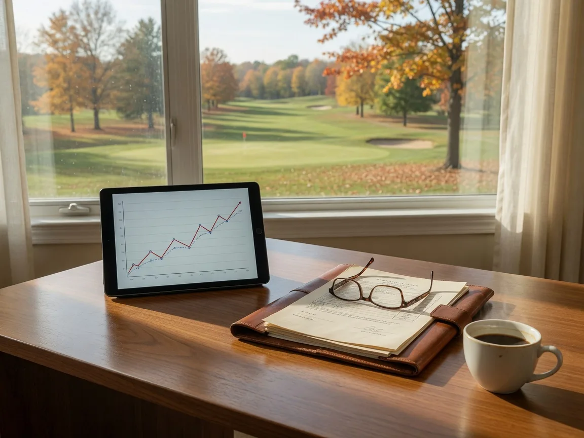 Real estate desk with a tablet showing a rising mortgage rate chart, documents, and coffee beside a window overlooking an autumn golf course