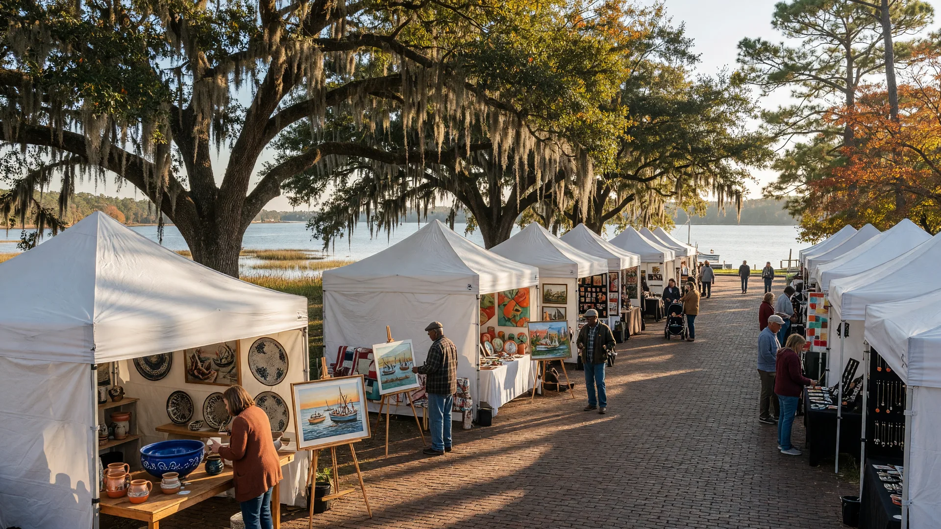 A Mississippi Gulf Coast arts festival on a November morning, white artist booths lining a brick street beneath live oaks draped in Spanish moss, with golden light and visitors strolling