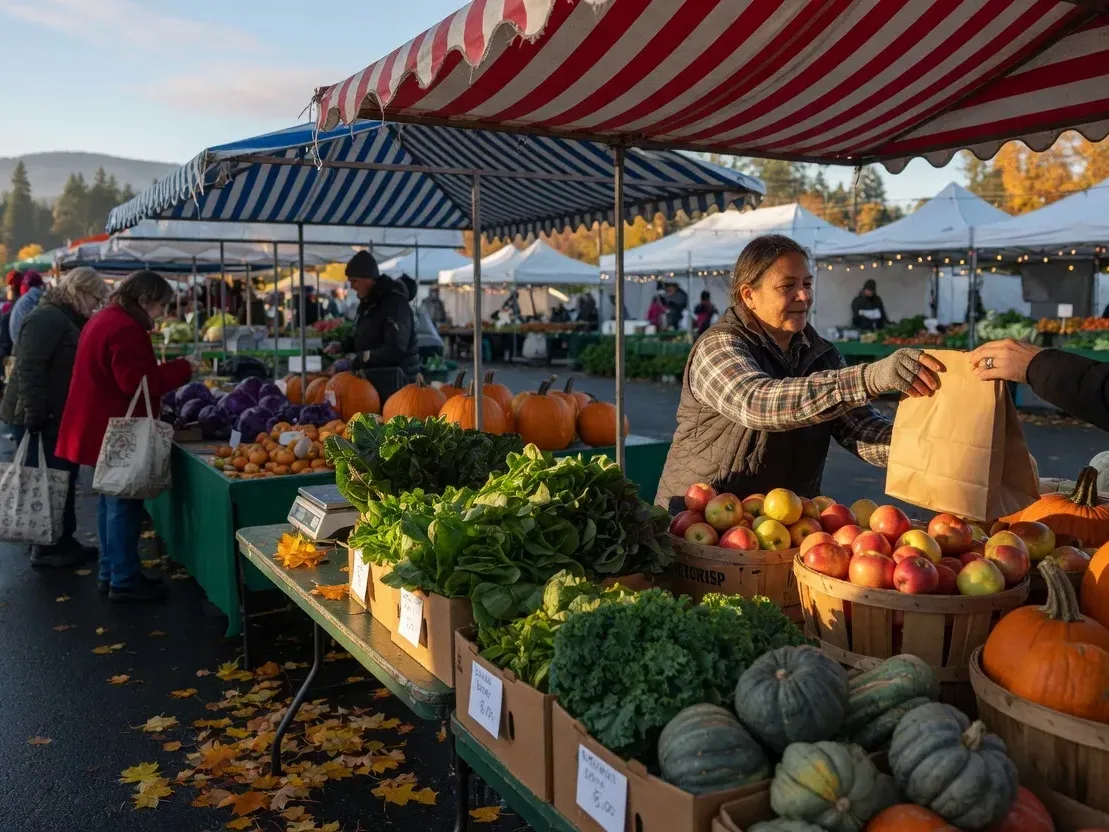 Illustrative image of a farmers market with crates of apples, squash, and pumpkins under striped canopies