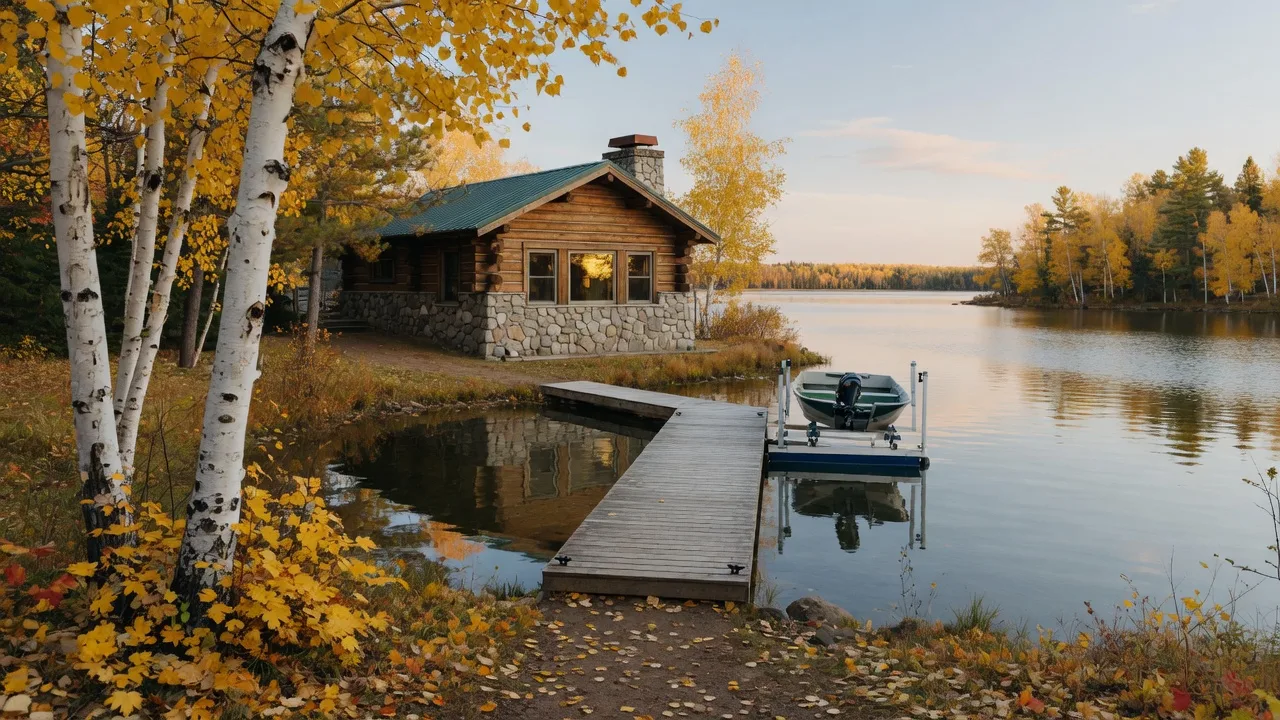 Minnesota lake home in early October with golden birch leaves, a wooden dock, and a boat lift on calm water