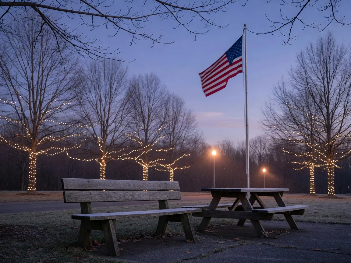 A small-town Pennsylvania park at dusk in late November, bare trees strung with warm white lights, frost on a park bench, and an American flag hanging loosely on its pole in still cold air