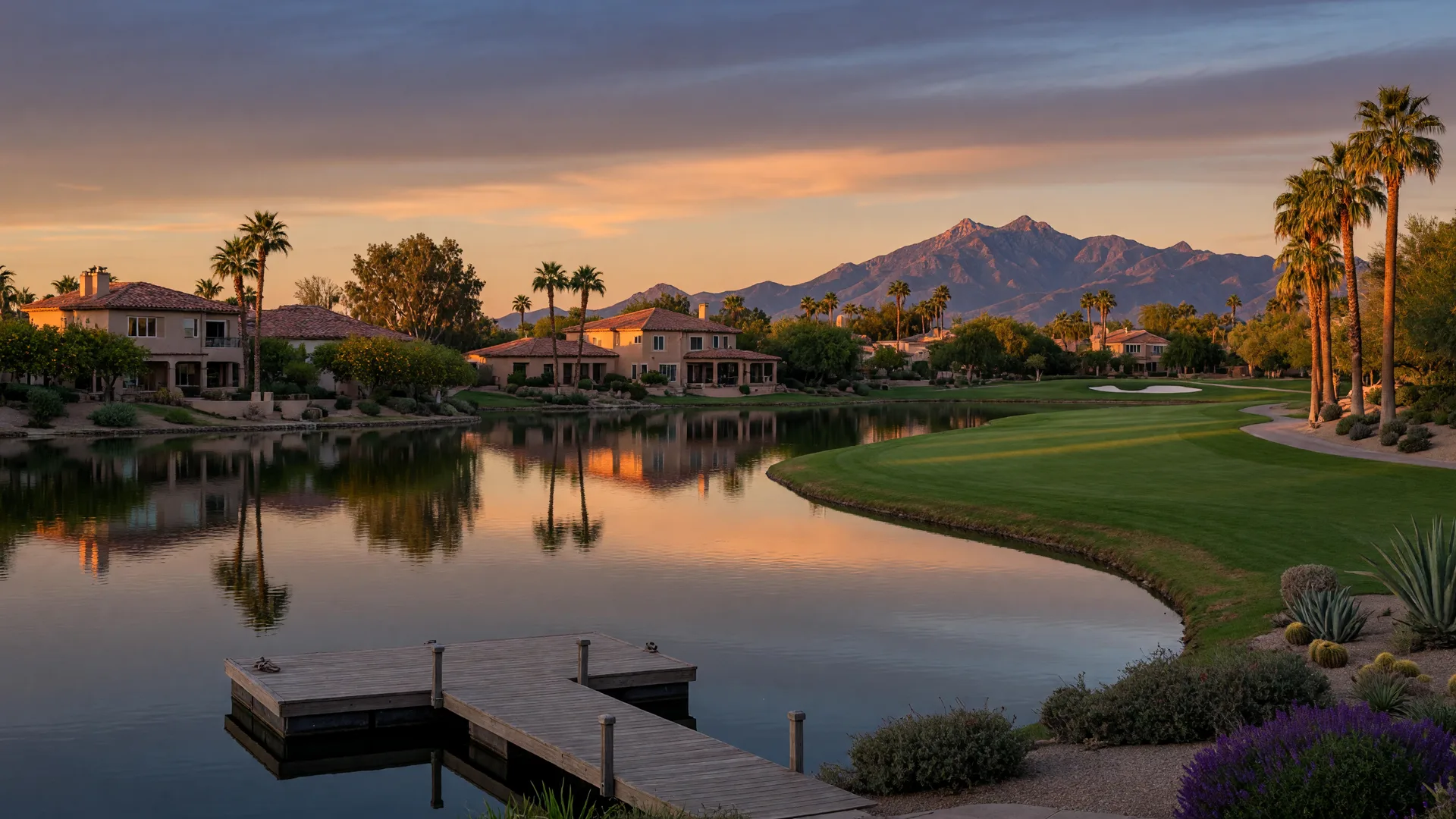A tranquil lake in McCormick Ranch, Scottsdale at golden hour with palm trees, a golf fairway, and luxury homes on the far shore