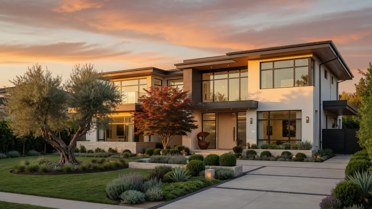 Luxury modern home exterior at golden hour, example of a Sold Zero Commission listing presentation