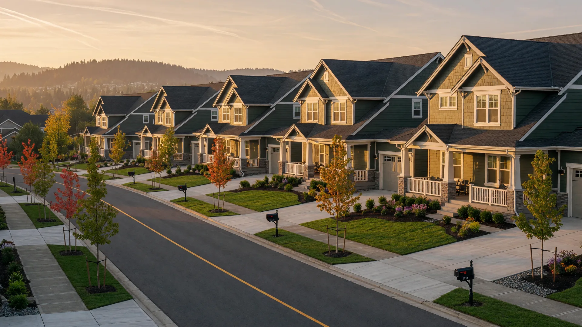 Row of brand-new craftsman-style homes on a gently curving street in a Pacific Northwest hillside subdivision at golden hour