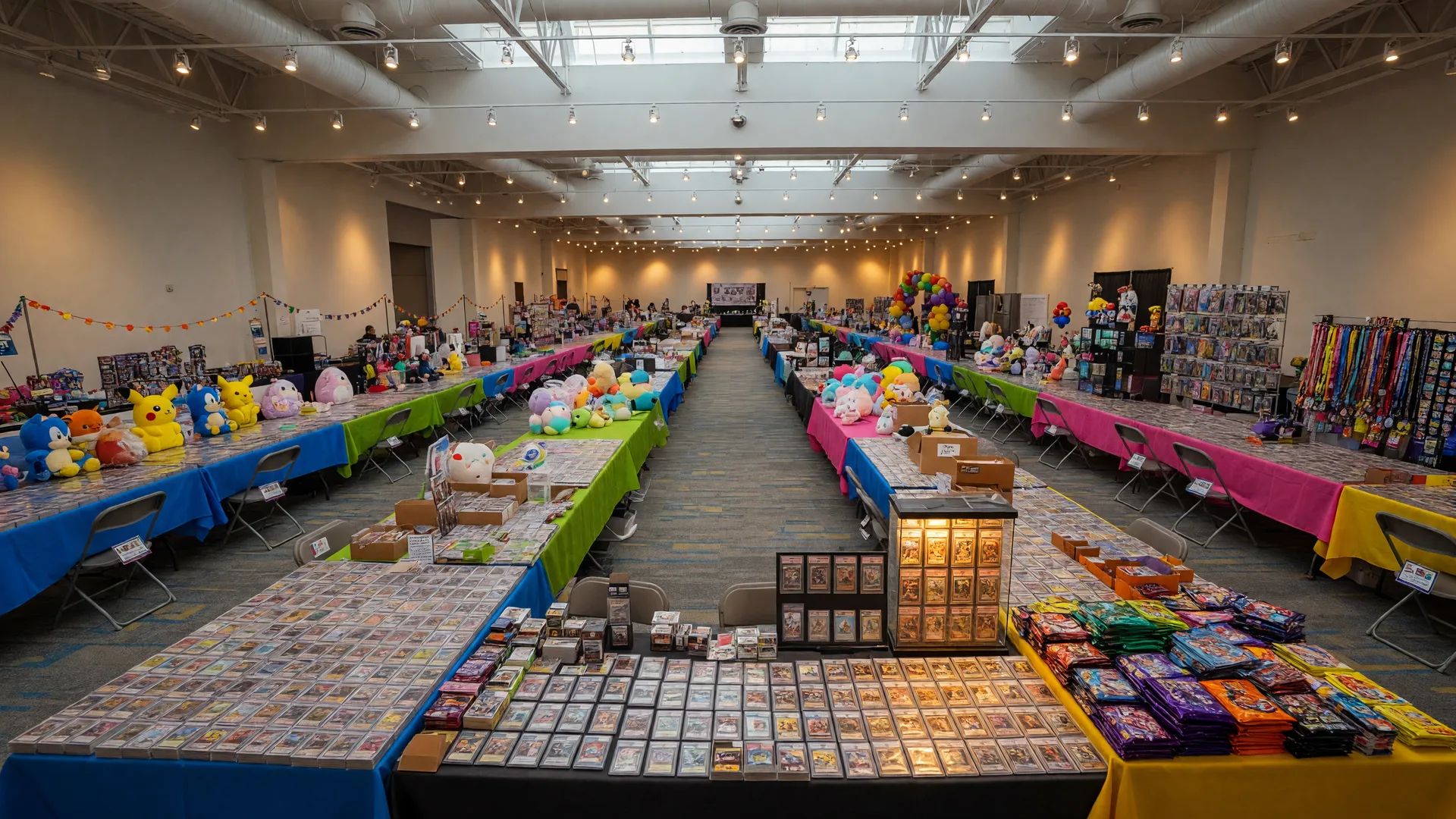 A bright convention hall with long vendor tables covered in colorful trading cards, booster packs and plush collectibles under warm lights