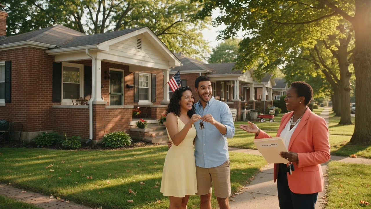 A young couple receiving keys to their first home in a tree-lined Dayton Ohio neighborhood on a warm summer afternoon with an agent nearby