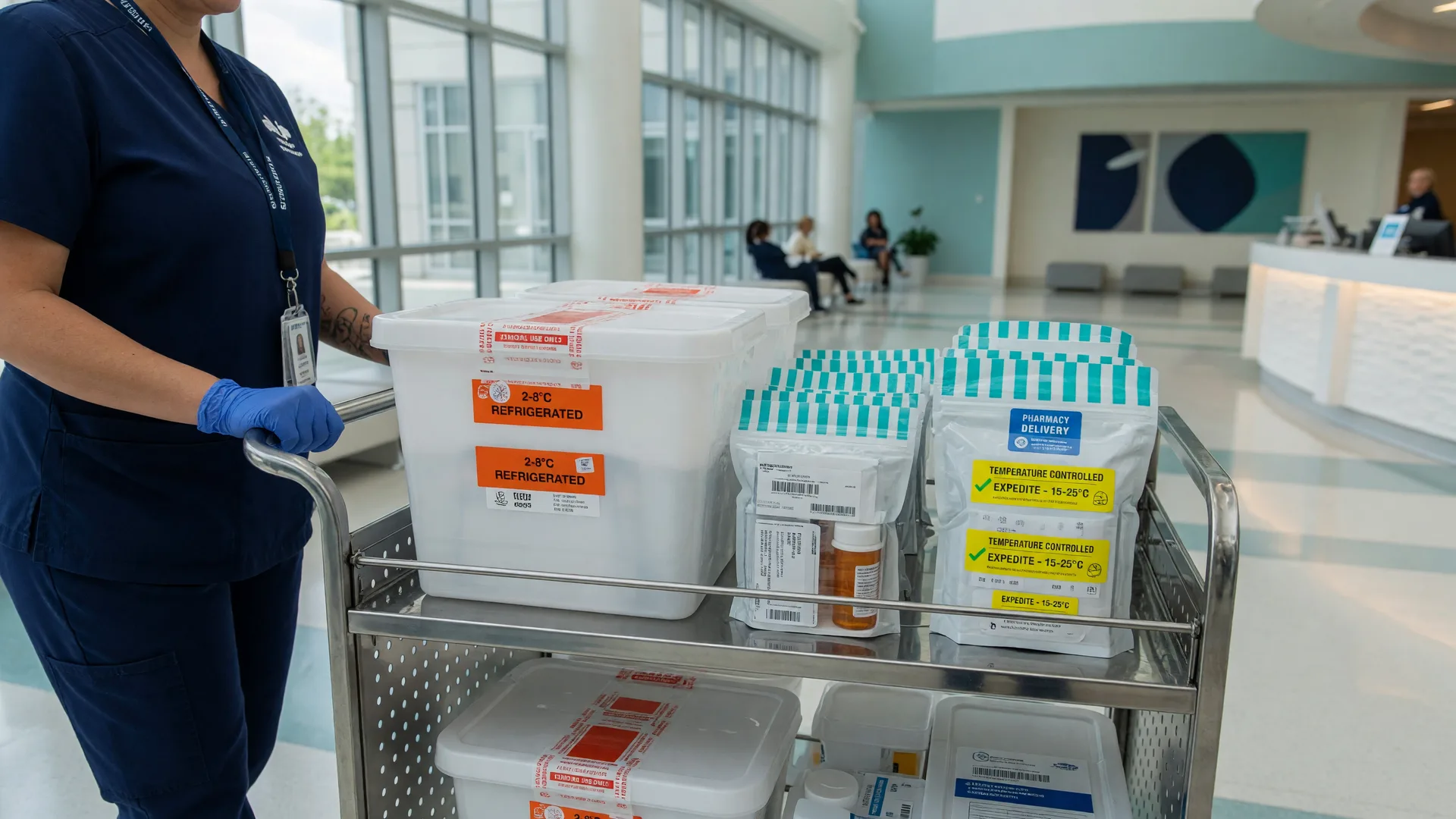 A healthcare logistics professional in a navy uniform wheeling a cart of sealed medical supply totes and pharmacy packages through a bright healthcare facility lobby