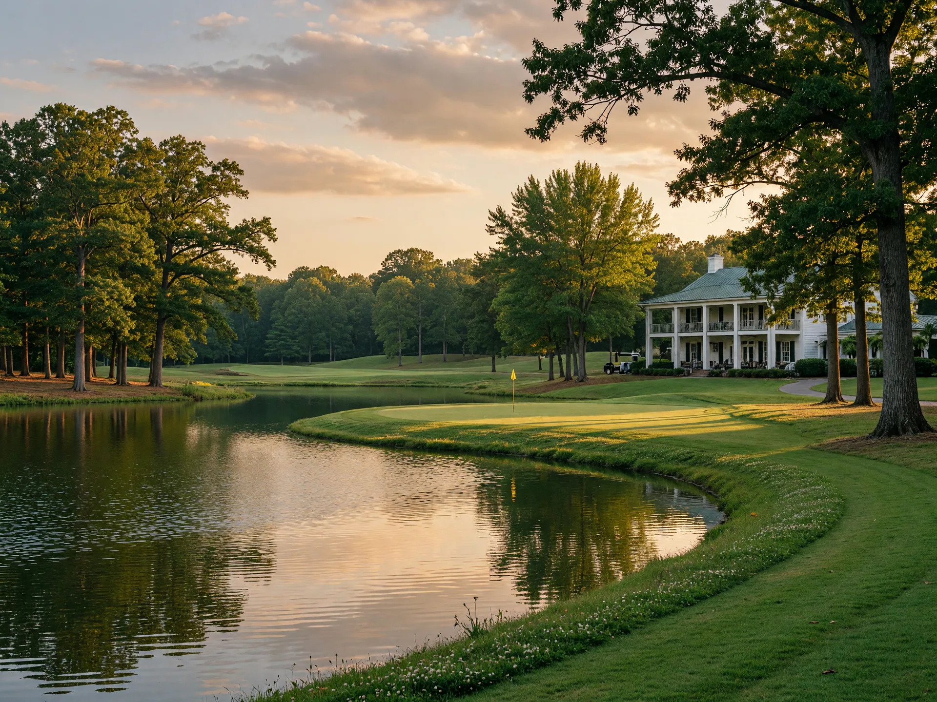Fawn Lake's private lake and Arnold Palmer Signature golf course at golden hour