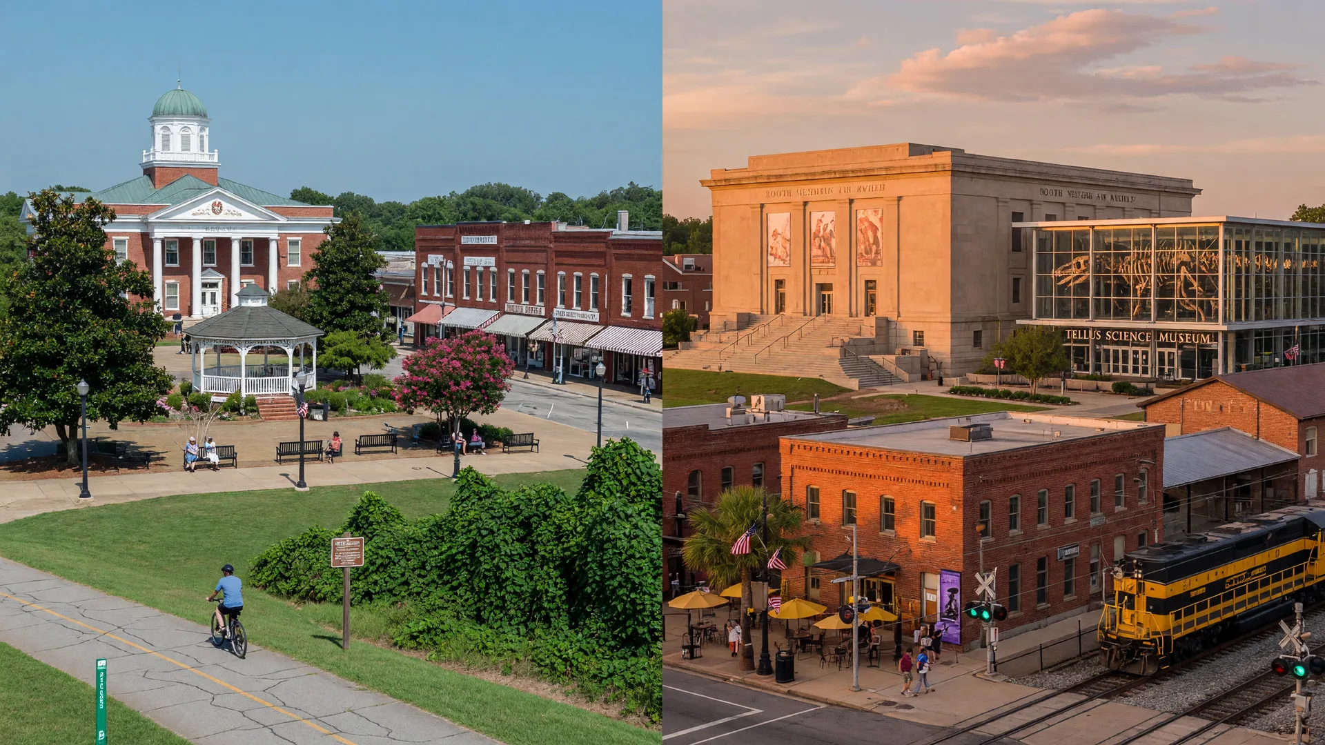 Split scene: Dallas's historic Paulding County courthouse square with red brick buildings on the left and Cartersville's downtown museum district with the Booth Museum on the right under warm afternoon light