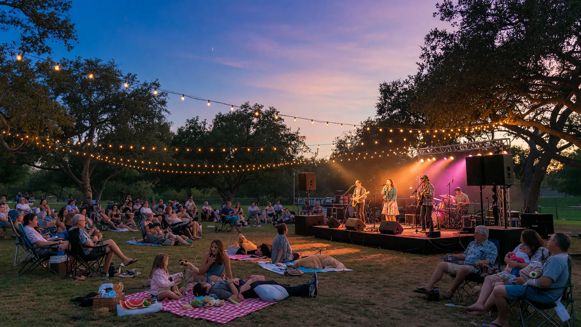 Late summer concert in Central Park Santa Clarita with band performing and families on lawn