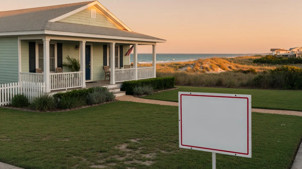 Coastal Virginia Beach home with a covered porch and a For Sale sign in the front yard in late afternoon light