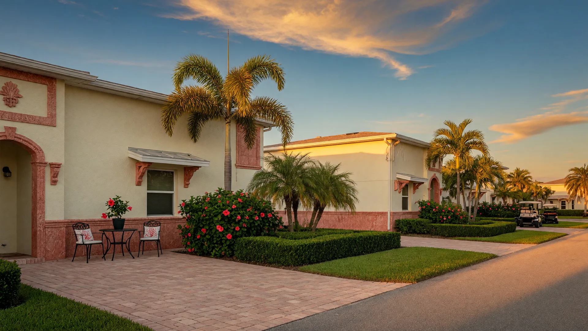 Two attached single-story Florida villa residences with cream stucco and coral accents, paver driveways, lanais with bistro tables, and tropical landscaping in warm golden-hour light