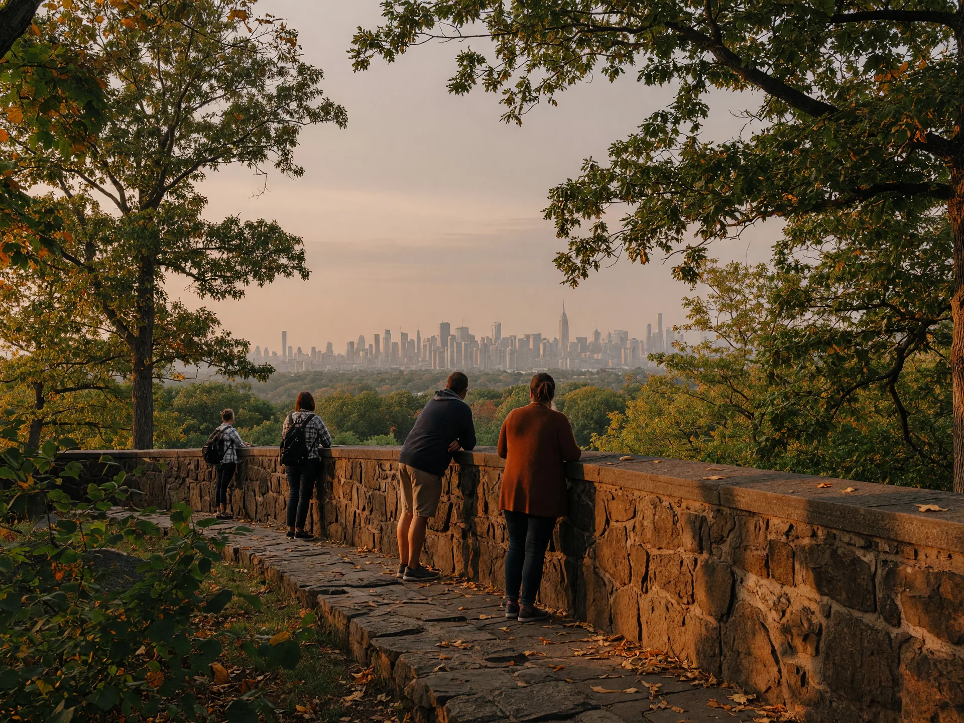 Eagle Rock Reservation observation deck in West Orange NJ with visitors at the stone overlook, oak trees showing early autumn color, and the Manhattan skyline hazy on the horizon in golden late-September light
