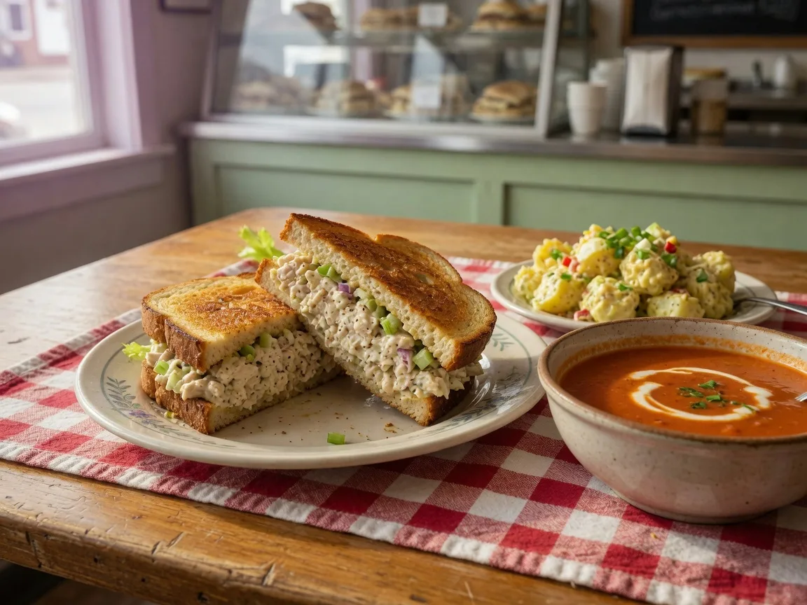 A chicken salad sandwich with soup and potato salad at Cribb's Sandwich and Sweet Shop in Lexington, SC, made in-house the way it has been since 1997