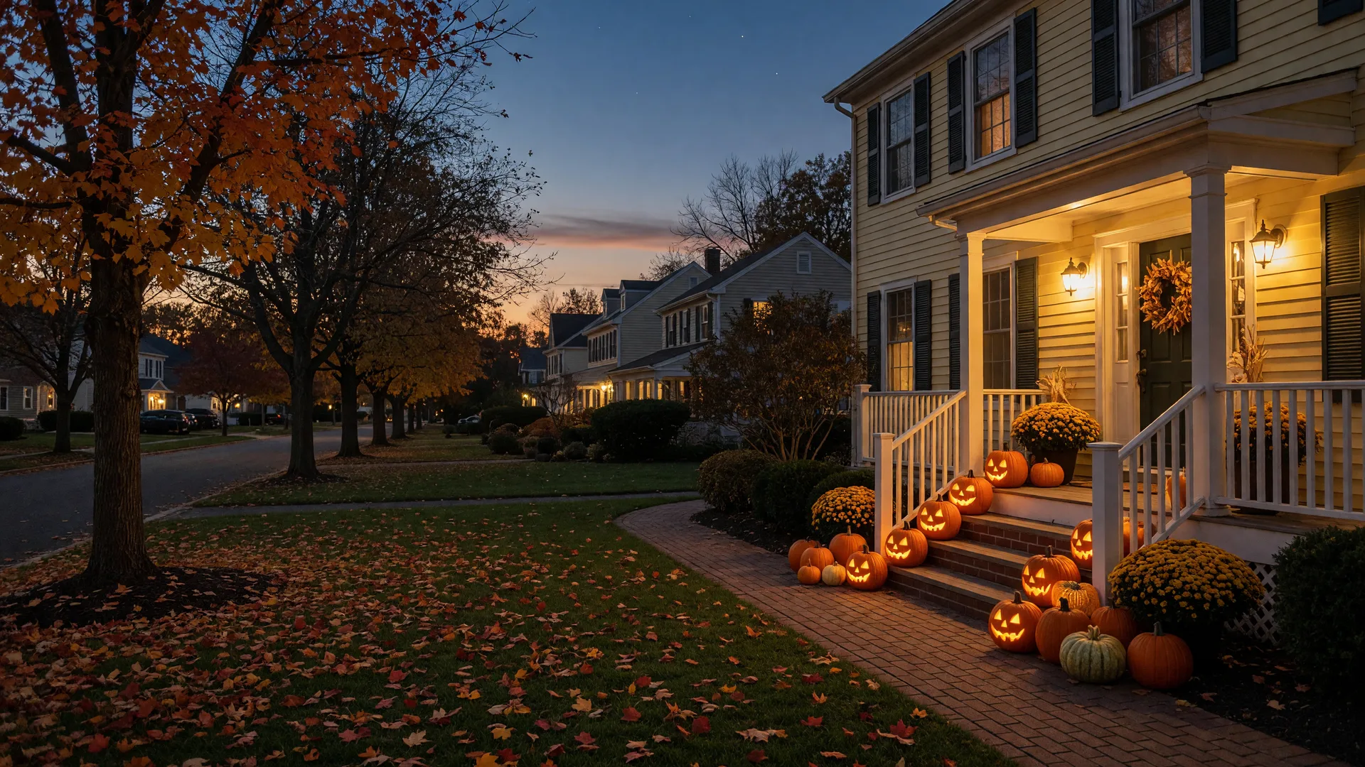 Colonial home in a Cherry Hill neighborhood on Halloween evening with glowing jack-o'-lanterns on the porch steps