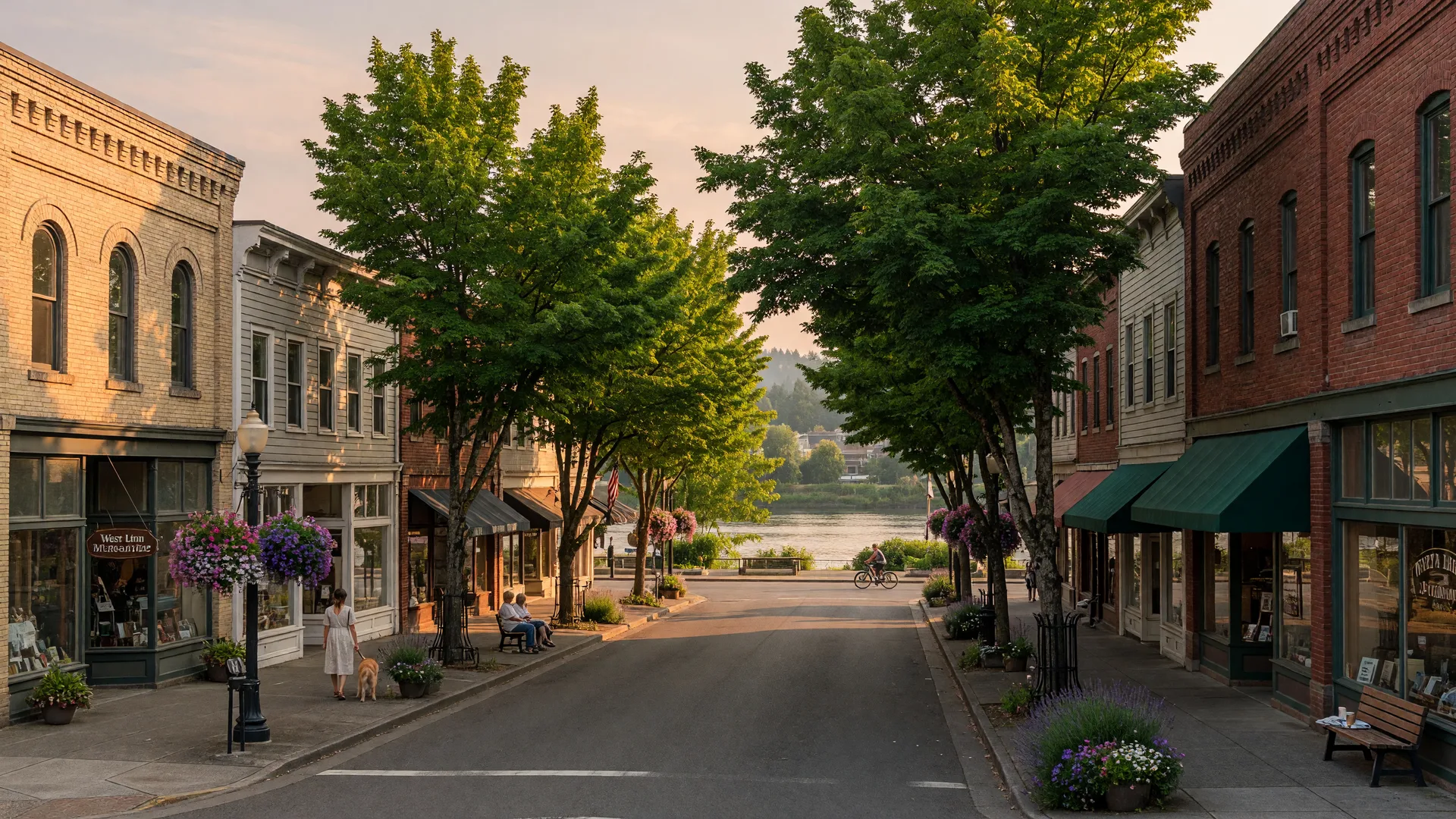 Charming downtown West Linn with historic buildings, tree-lined streets, and river views