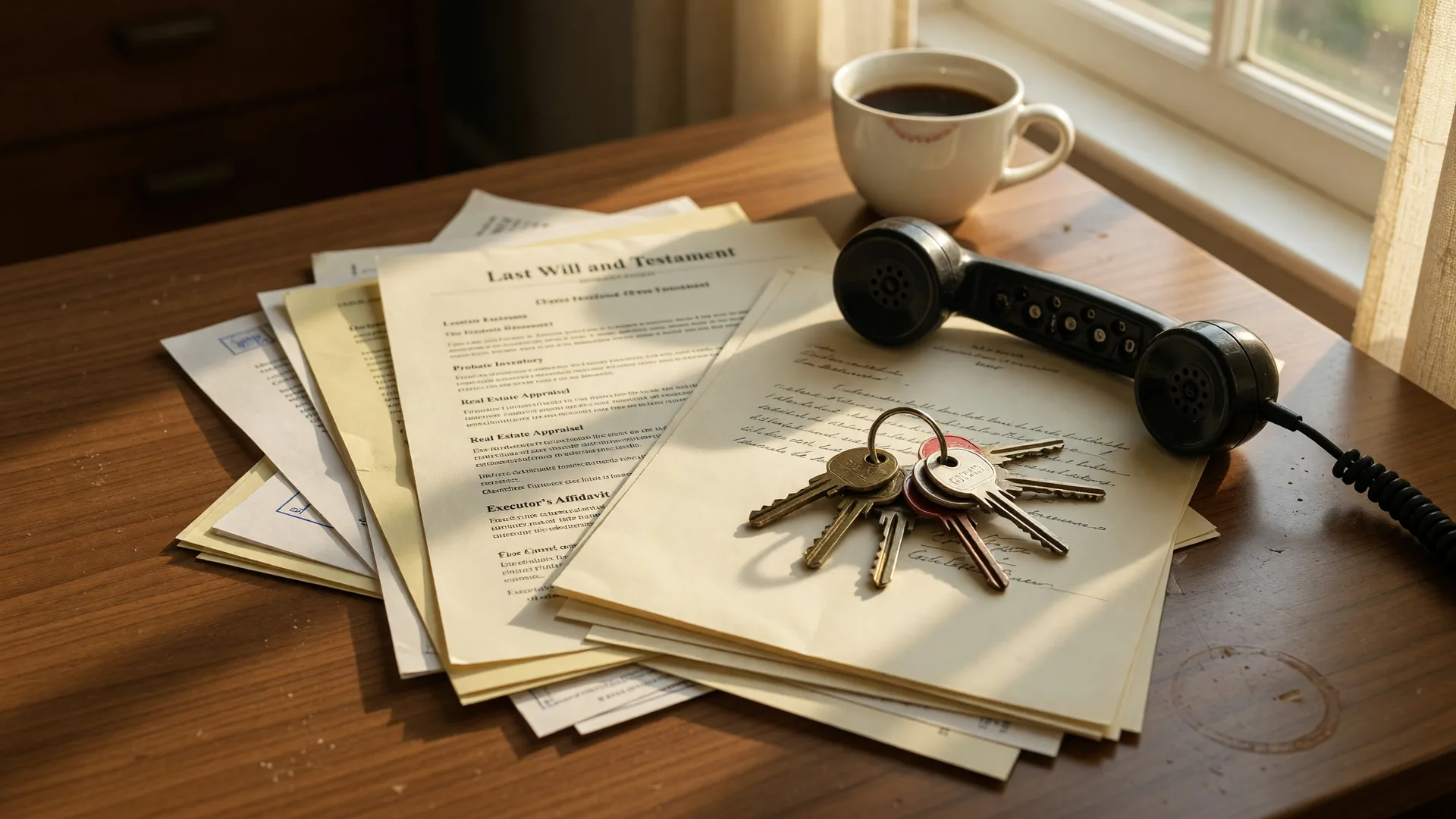 A classic desk phone and brass house keys resting on estate documents on a walnut desk in soft morning light