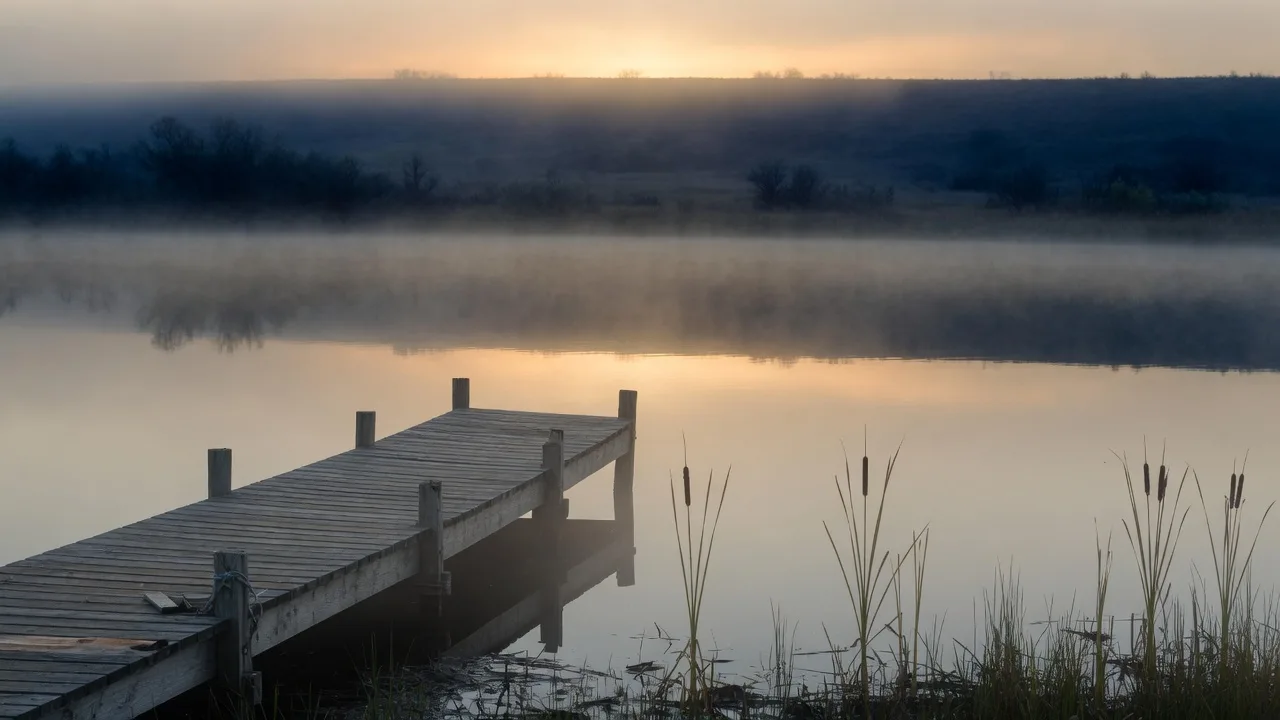 Morning mist over a quiet prairie lake with a wooden dock