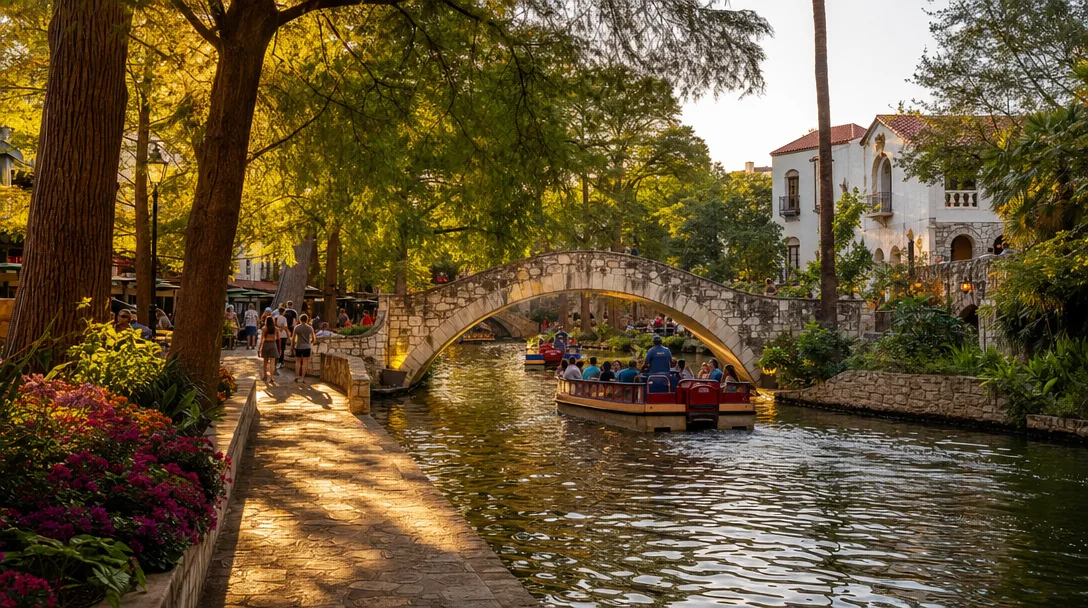 San Antonio River Walk with cypress trees and stone bridges
