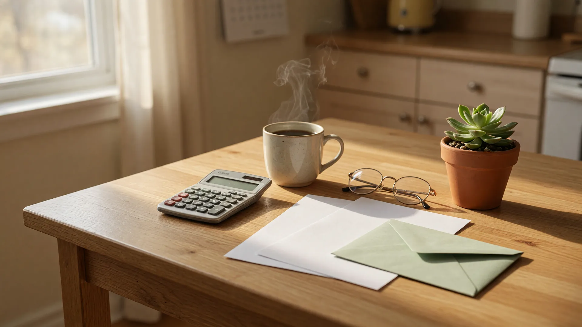 Calculator, coffee mug, reading glasses, blank papers and an envelope on a bright kitchen table for budgeting property taxes in Hamilton Ontario