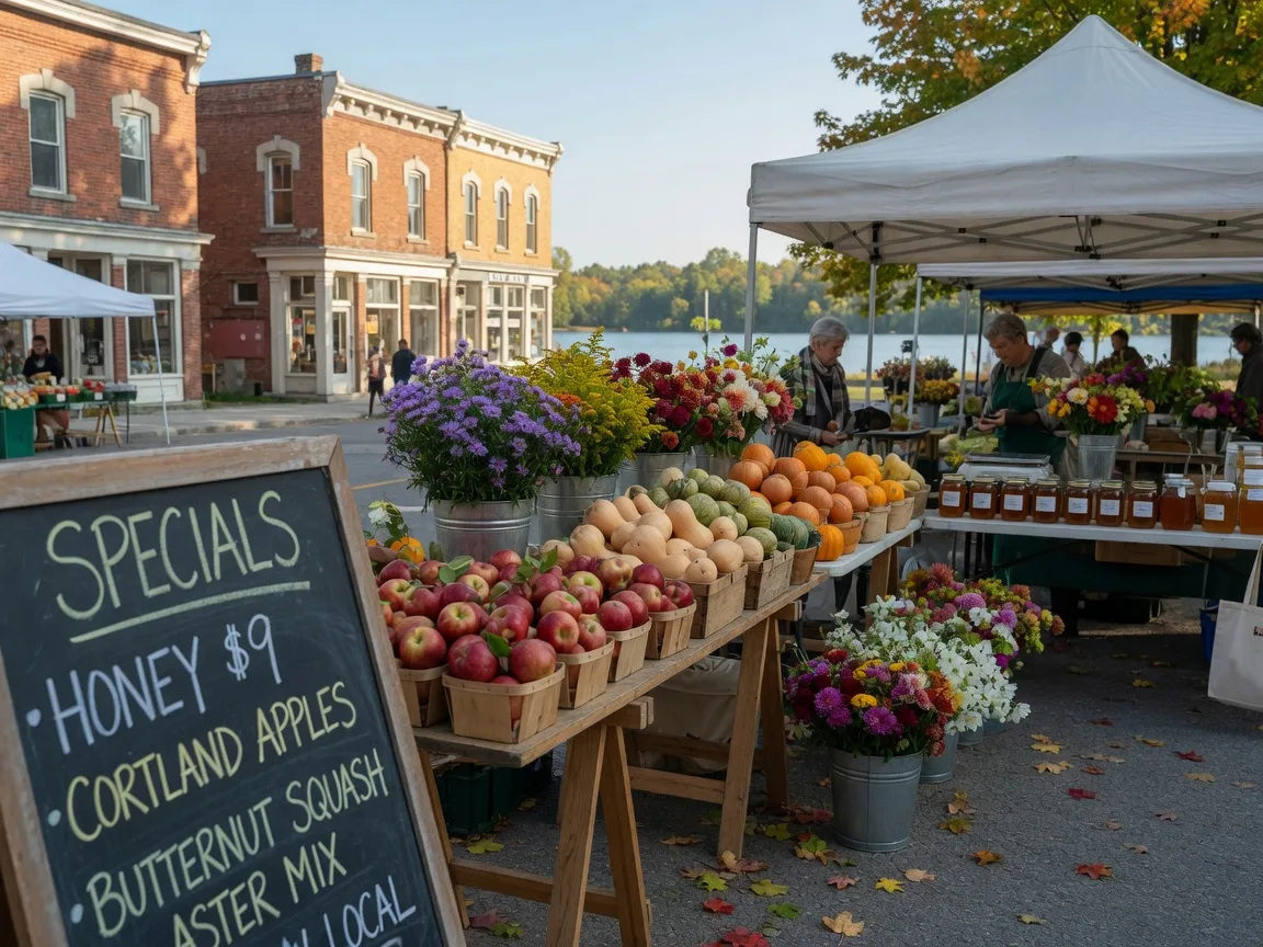 A farmers market in a lakeside Ontario town on a bright September morning with wooden stalls under white canopies piled with apples, squash, cut flowers and jars of honey, heritage storefronts in the background