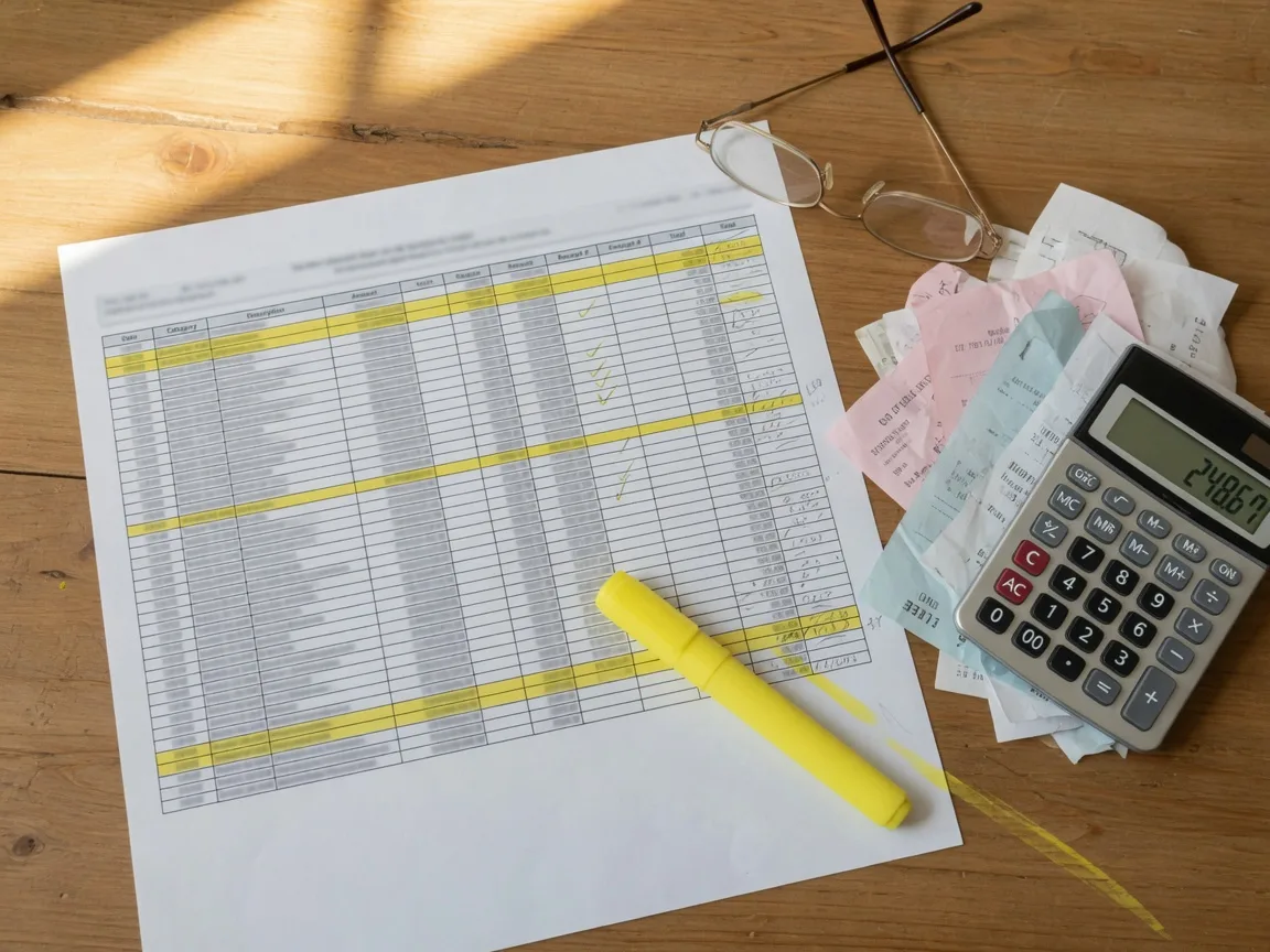 Top-down flat lay of an expense tracking spreadsheet on a wooden desk with a calculator, receipts, a yellow highlighter, and reading glasses