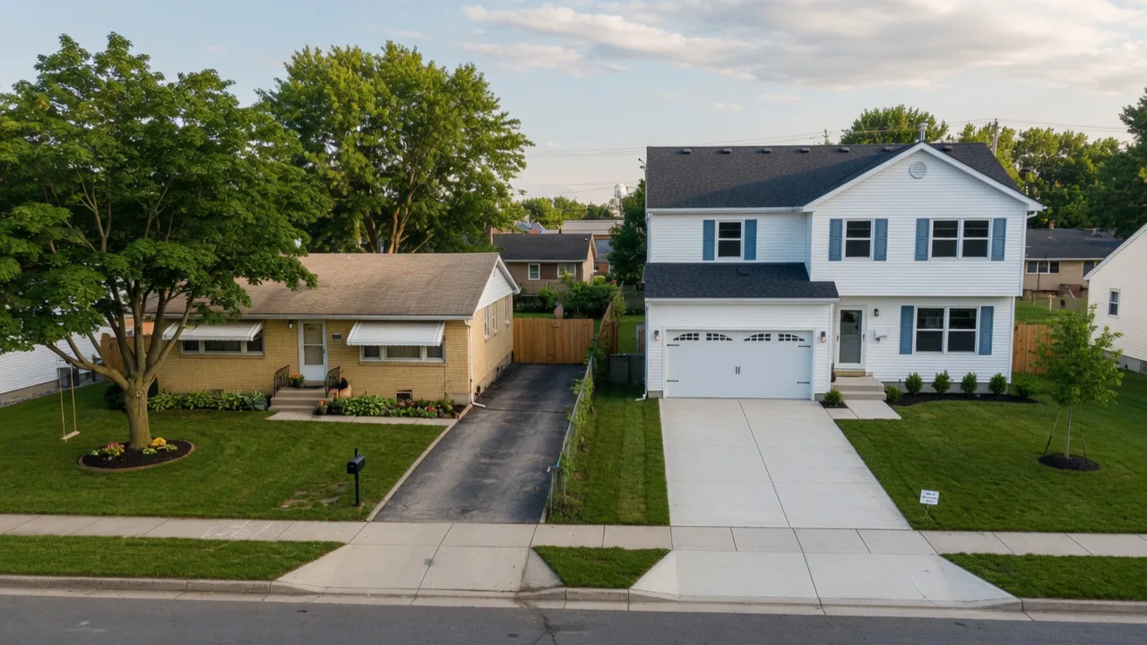 New construction beside an existing home on a quiet South Dakota subdivision street, illustrating the investor comparison