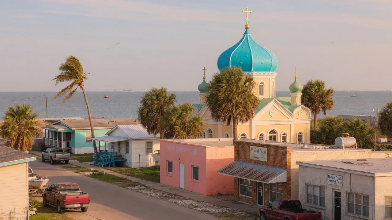 A small Texas coastal town with a Russian Orthodox-style church dome