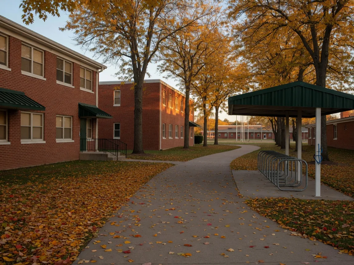 Tree-lined walkway in front of low red-brick base buildings at Wright-Patterson with autumn leaves and a covered bike rack