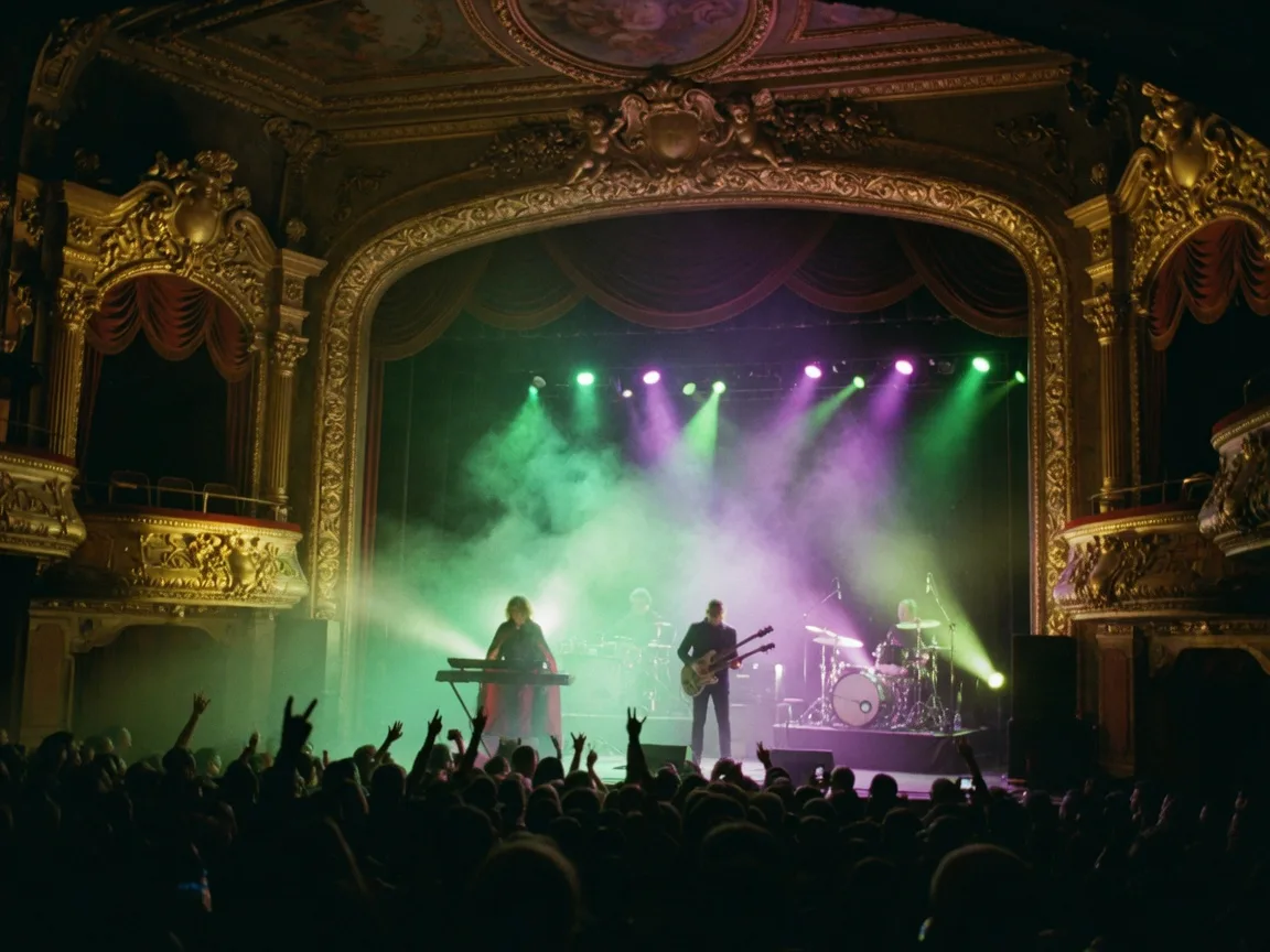 Theatrical emerald and purple stage lighting, smoke, and light beams filling a historic 1920s theatre during a progressive-rock concert, musicians as dark silhouettes beneath a glowing proscenium arch
