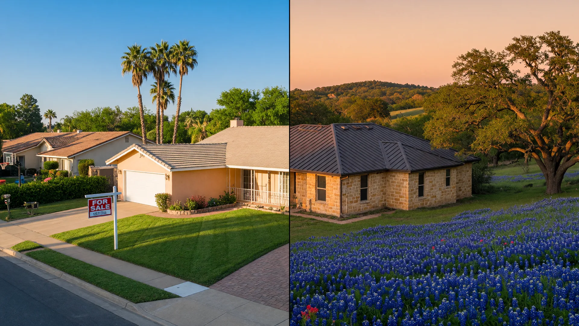 Split-screen view comparing a California suburban home with a For Sale sign and palm trees against a Texas Hill Country stone home surrounded by bluebonnet wildflowers