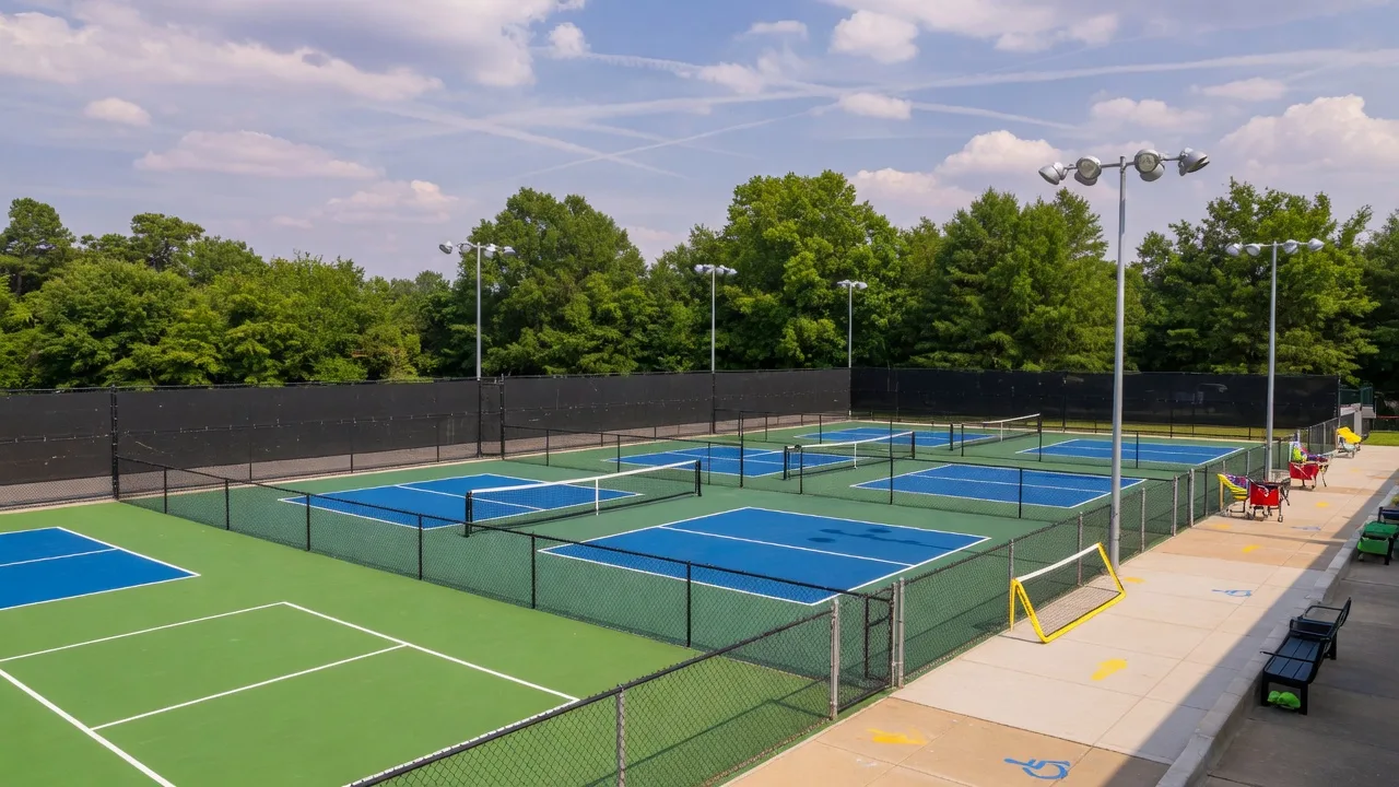 Outdoor pickleball courts on a sunny day with blue and green hard courts, white lines, and black fencing
