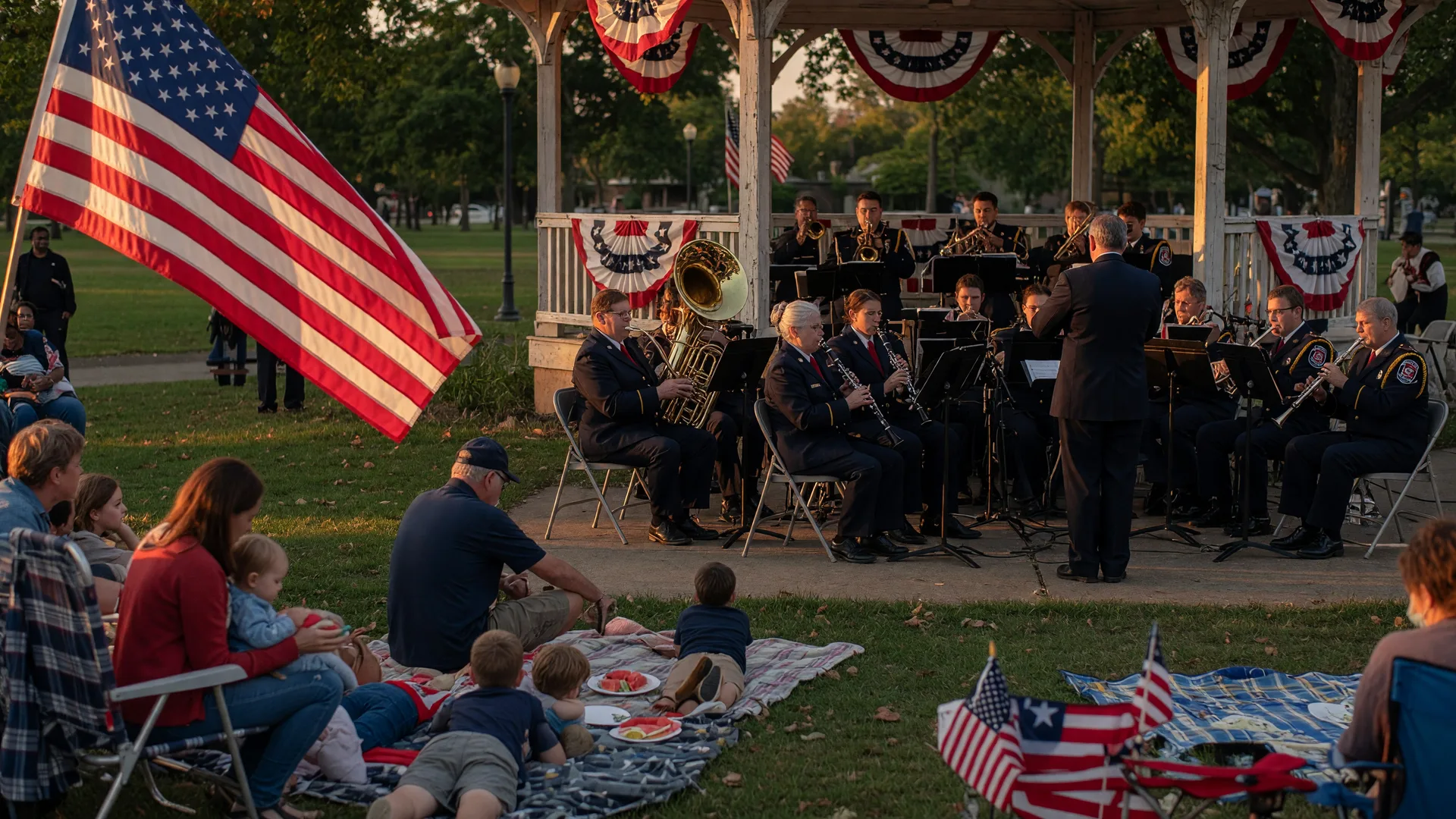 A community concert band performing on a park bandstand at golden hour with an American flag