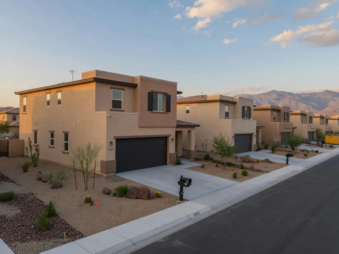 A freshly built two-story desert-modern home with a two-car garage and young desert landscaping in a new Southwest Las Vegas community, with similar new homes behind it and mountains in the distance