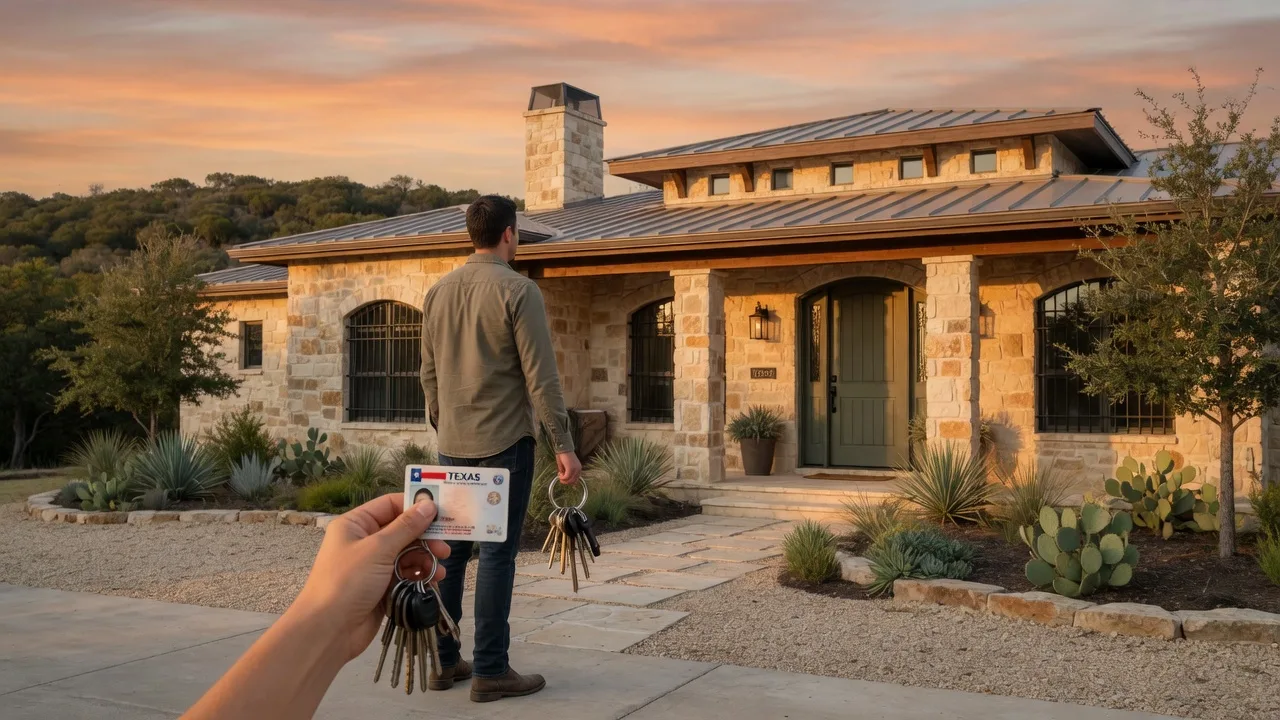 New Texas homeowner with driver's license and house keys ready to file homestead exemption after closing.