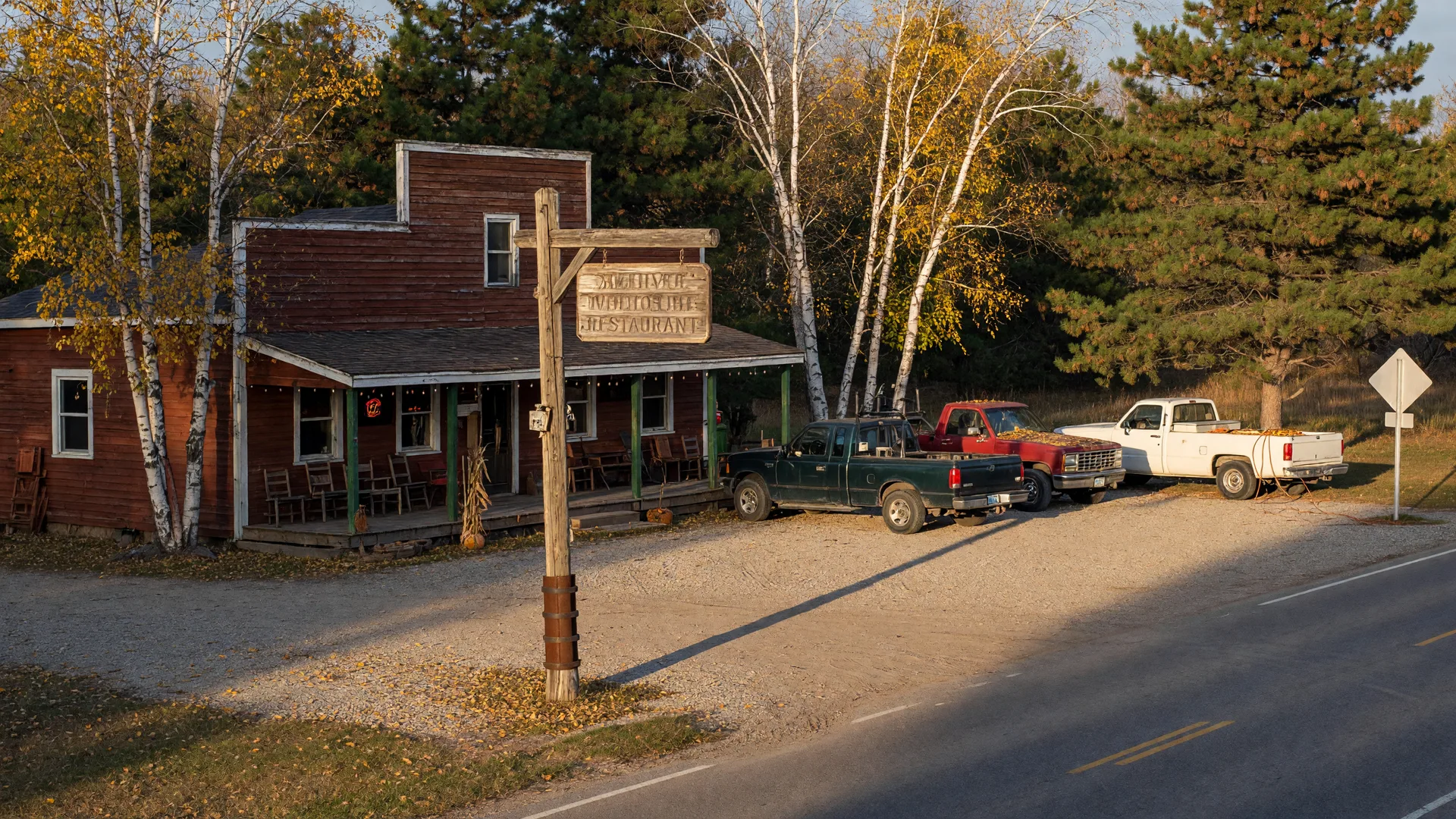 Classic small-town Minnesota tavern at a country crossroads in autumn