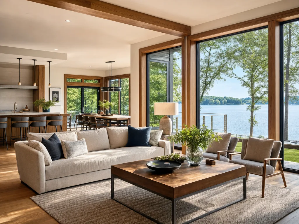 Modern lake home interior with lake view