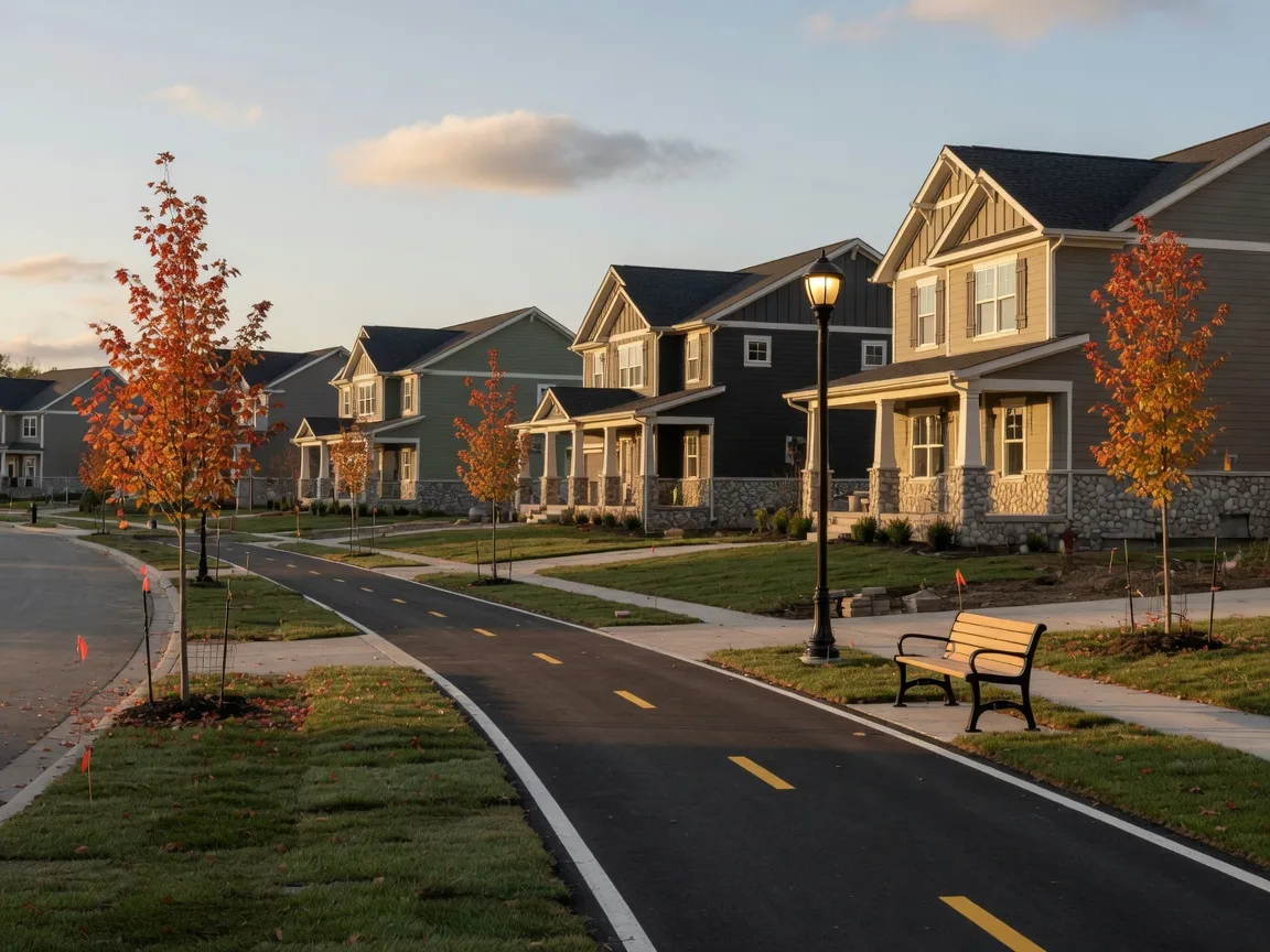 A freshly paved path curving through a new craftsman-style subdivision in golden-hour fall light