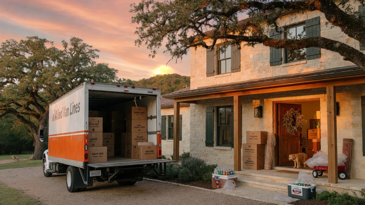 Moving truck in front of a Texas Hill Country limestone home at golden hour with moving boxes visible through the doorway