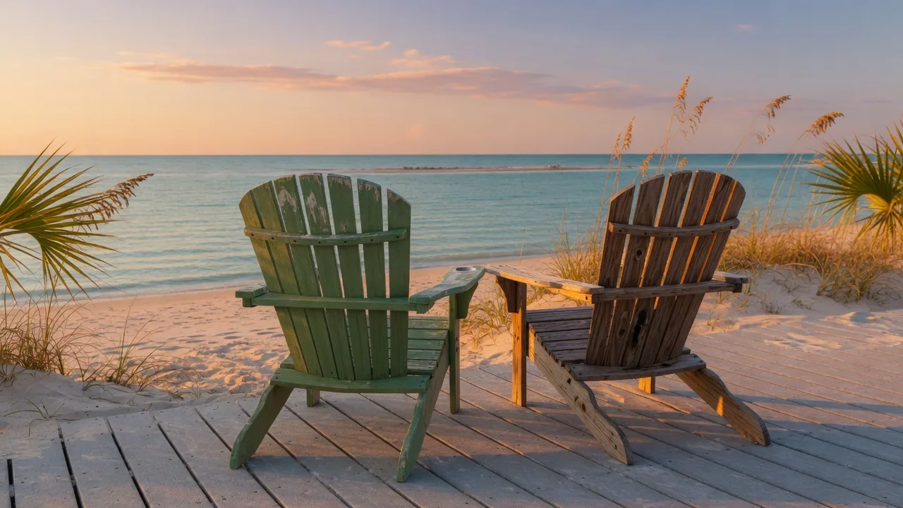 Two weathered wooden Adirondack chairs side by side on a quiet Gulf Coast boardwalk at golden hour, facing calm turquoise water, evoking friendship and quiet connection